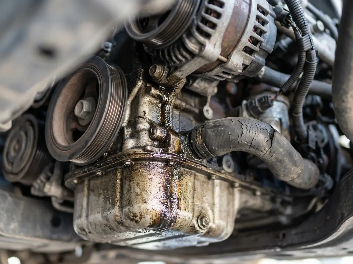 Detalle de una fuga de aceite en el motor